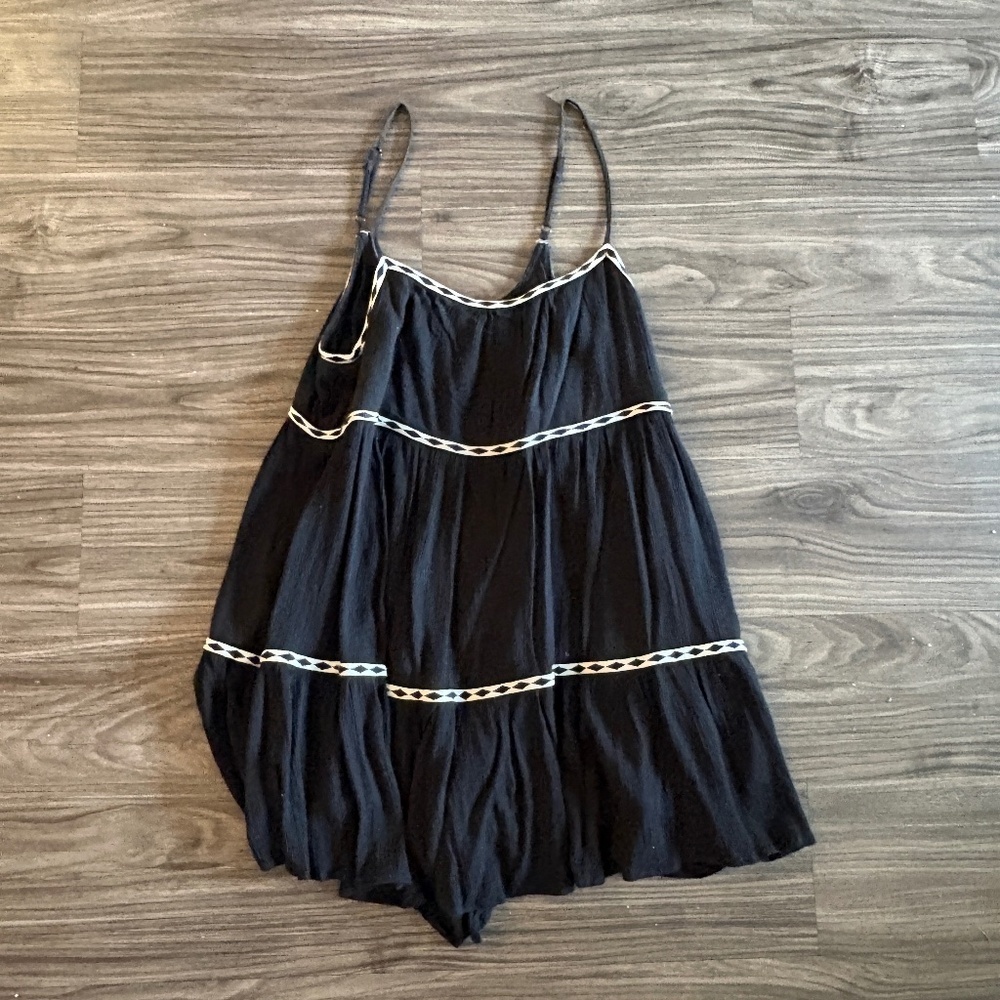 Mustard Seed Black and White Tape Trim Shirred Tiered Romper Dress - Picture 2 of 6